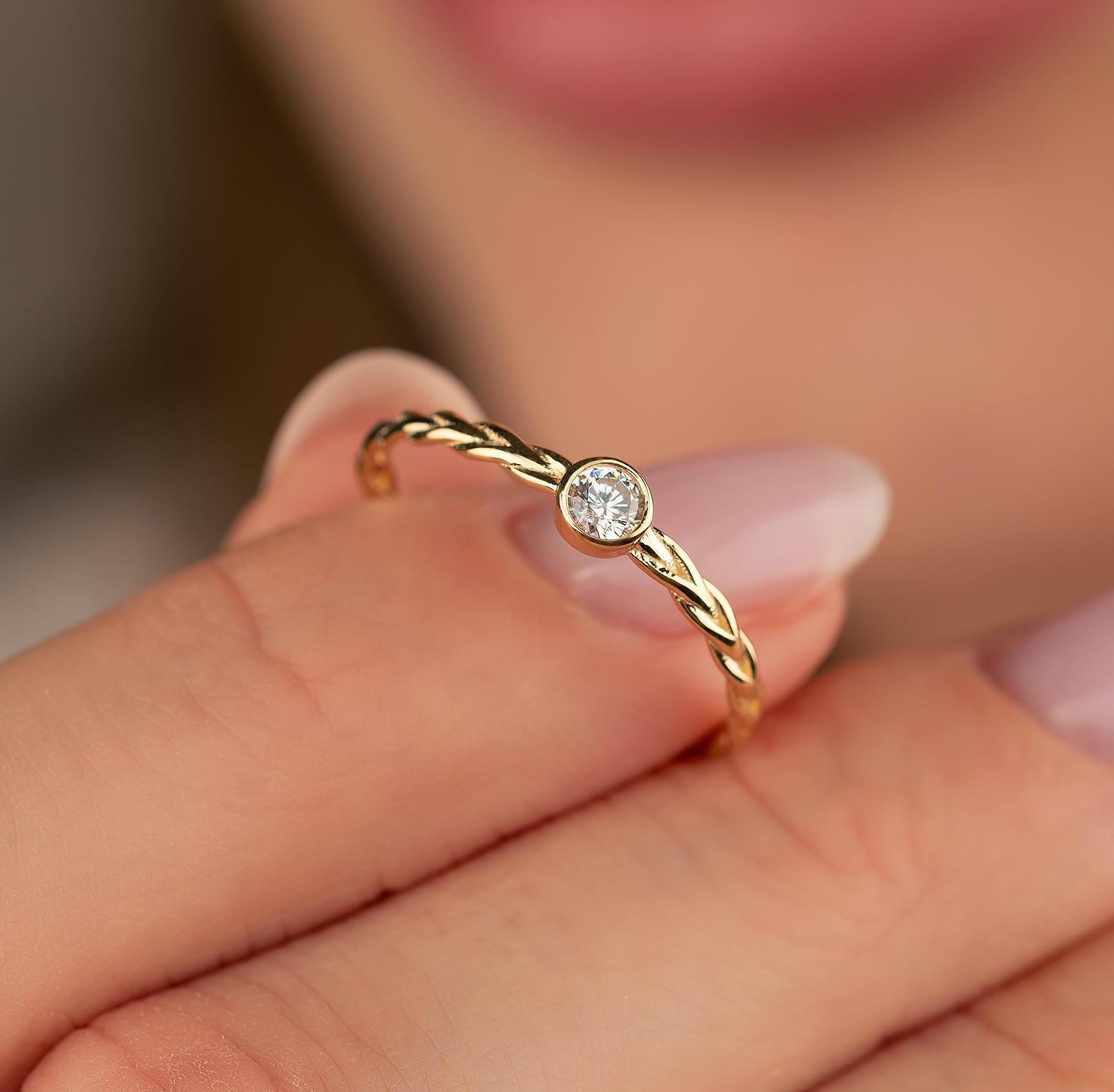 14K Solid Gold Simulated Diamond Braided Wedding Band, Round Single Stone Engagement Ring Bride, Bezel Set Cz Ring Twist Rope Band Women