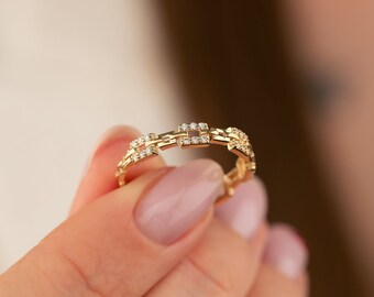 14K Solid Gold Hinged Segment with CZ Pave Square Links Ring