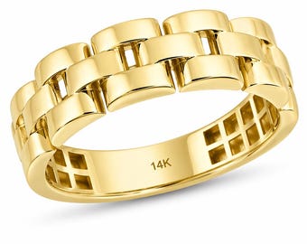 Anello con maglie in oro massiccio 14 carati, motivo a mattoni, gioiello di tendenza, moderno e minimalista, unisex, fede nuziale, regalo di anniversario, marito e moglie.