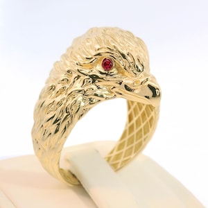 Eagle Ring 14K Solid Gold Men, Animal Rings Mens Yellow Gold, Minimalist Wild Animal Ring Boyfriend, Eagle Ring Simulated Diamond Eye Men