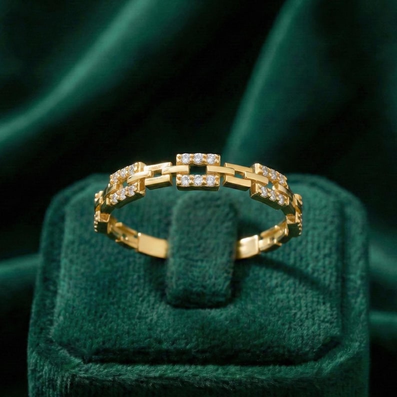 14K Solid Gold Kette Link Ring Diamant Pave Band Moderne Geometrische Schmuck Zierliche Stapeln Accessoire Einzigartige Jahrestag Geschenk Frauen Chic Bild 1