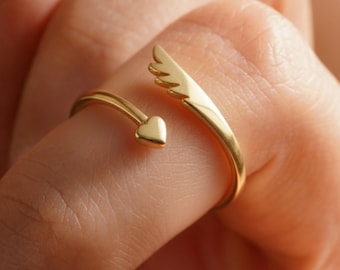 14K Solid Gold Wing Heart Ring, Handmade Dainty Angel Wing Jewelry for Women, Minimalist Fine Jewelry Gift for Her, Dainty Stacking Gold