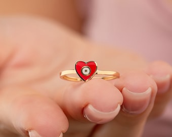 Dainty 14k Gold Heart Evil Eye Handmade Ring Red