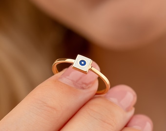 Dainty 14k Gold Evil Eye Handmade Ring White