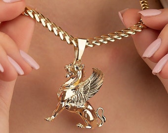 14K Lion Pendant Necklace, Gold Lion Flag Necklace, Women Lion Necklace, Animal Pendant, Winged Lion Pendant, Christmas Day Gift For Women