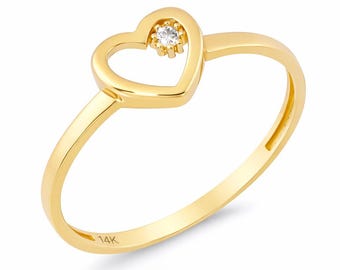 14K Gold Heart Ring for Lover, Open Heart Design with CZ Stone Detail, Yellow 1.7 mm Band, Dainty Stackable Jewelry