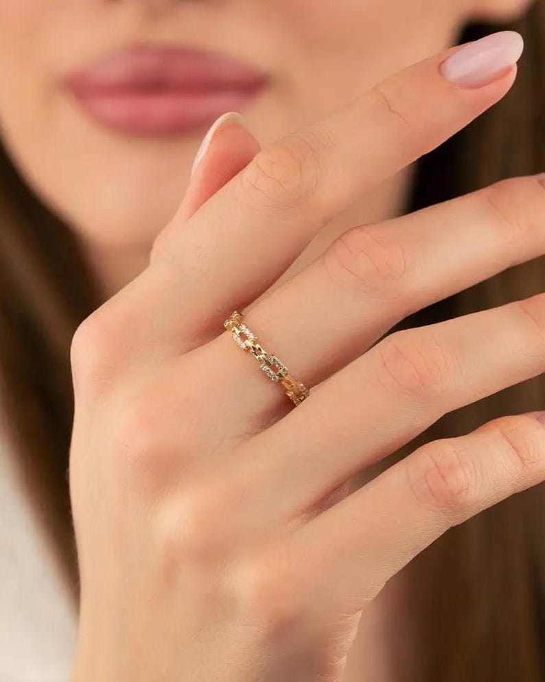 14K Solid Gold Hinged Segment with CZ Pave Square Links Ring - Rings