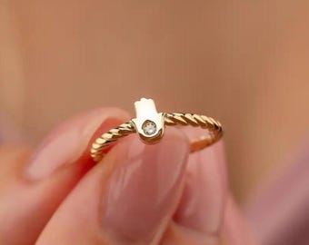 14K Solid Gold Twisted Rope Ring, Diamond Hamsa Hand, Braided Stacking Band, Jewish Protection Amulet, Bat Mitzvah Gift for Daughter