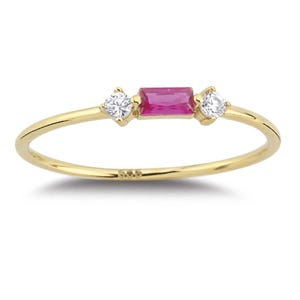 Baguette Ruby Ring with Side Cz Diamond Wedding Ring, 14K Solid Gold Rectangle Ruby Birthstone Ring Women, Dainty Red Gemstone Ring