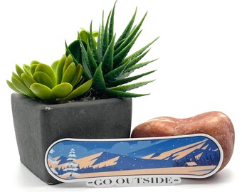 Go outside snowboard, Mountain scape aesthetic winter skiing alpine unique gift for her him snow powder mental health trendy vibes sticker