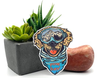 Pow day doggy sticker, Winter snow alpine mountain animal lover skiing snowboarding cute pastel gift for him and her powder pet portrait