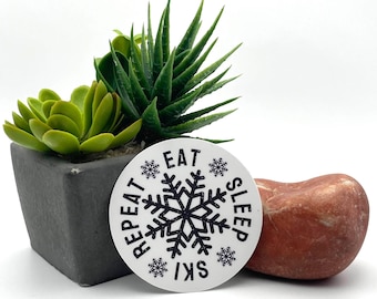 Eat sleep ski repeat, winter sports alpine chair lift snowboarding aesthetic mountain snow trendy vibes helmet funny vinyl decals sticker