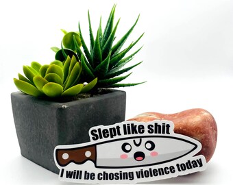 Slept like shit will be choosing violence today, cute funny mental health sarcastic joke gift girlfriend witty funny decal aesthetic sticker