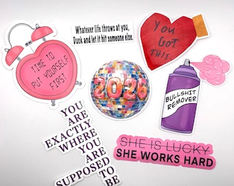 2026 Pastel collection, aesthetic girly new years trendy humorous girl power vibes motivational inspirational energy cute self care stickers