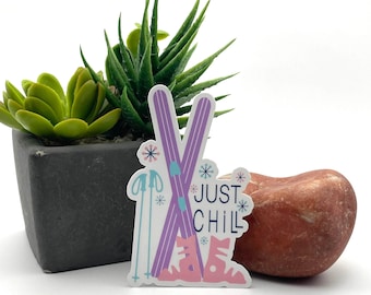 Just chill skiing, cute pastel winter vibes trendy impowering hopeful cute girly aesthetic mountain silly unique helmet vinyl decal sticker
