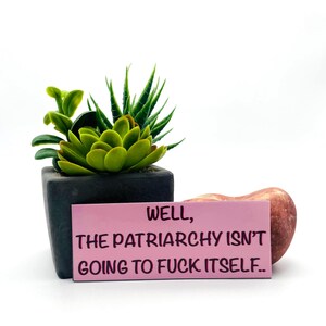 May include: A small, square, black planter with a faux succulent arrangement, including green and yellow-green leaves. A pink rectangular sign with black text that reads, "WELL, THE PATRIARCHY ISN'T GOING TO FUCK ITSELF." A small, reddish-brown stone is next to the sign.
