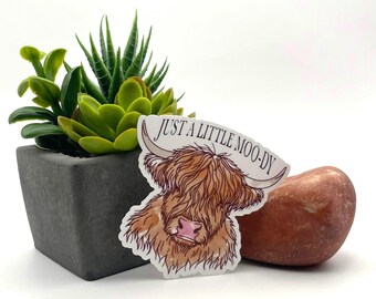 Just a little moo-dy, highland cow decal funny gift for animal lovers cute vegan humor moody girly quote gift for her unique joke sticker