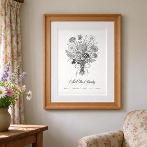 Geburtsblumenstrauß-Druck, personalisierte Geburtsmonatsblumen für die Familie, handgezeichnet mit echter Tinte, individuelles Geschenk für Mama, Muttertagskunst