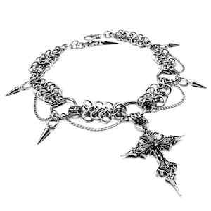 Handmade Stainless Steel Chainmail Choker: Goth Spike Cross Necklace