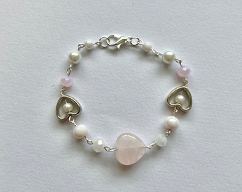 Valentines pink heart rose quartz beaded bracelet