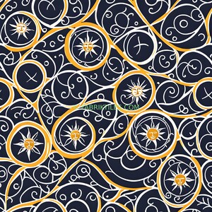 May include: A repeating pattern featuring stylized suns with smiling faces, set within gold circles and white swirling lines, against a dark navy blue background. The design includes the text "FABRIKTILL.COM".