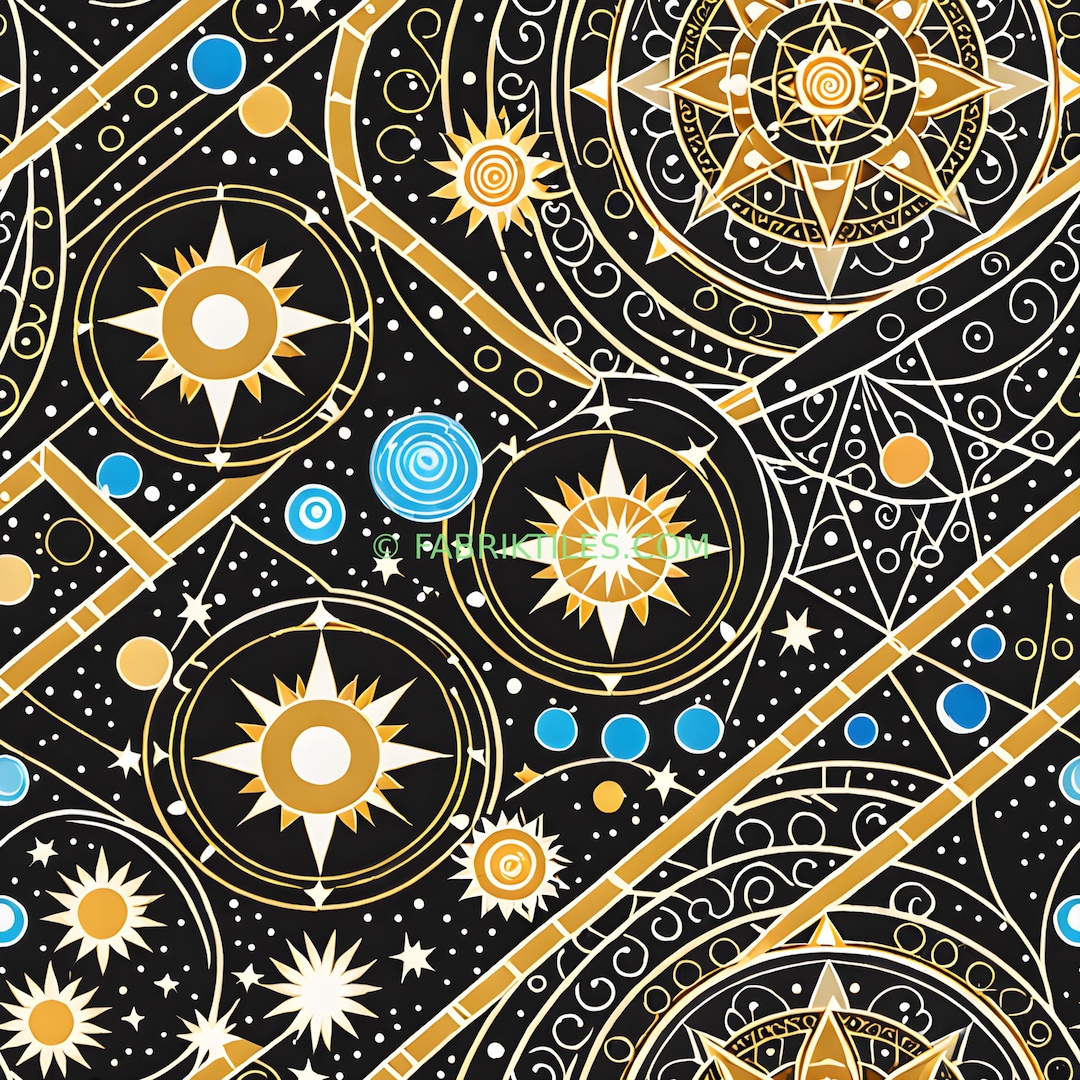 Compass Orb Celestial Compass Pattern: Suns, Orbs, Stars, Mystical Black Gold Blue ...