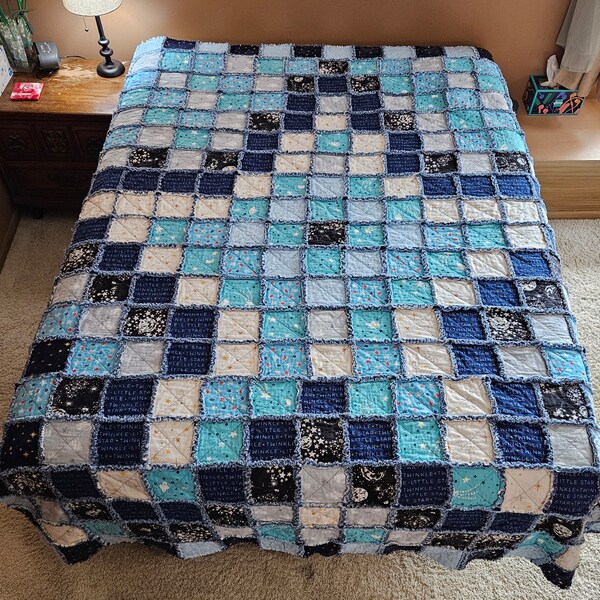 Handmade Twin Sized Flannel Rag Quilt Full Queen Twinkle Little Star Stella Glow in Dark Cotton Space Moon Galaxy Black Tan Navy