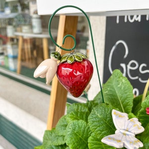 Op de afbeelding: Een decoratieve tuinpaal met een glanzende, rode keramische aardbei, groene bladeren en een witte bloem. De paal is gemaakt van groen metaal en is ontworpen om in een bloempot of bloembed te worden geplaatst. De aardbei meet ongeveer 5 cm in hoogte.
