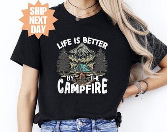 Grappig campingshirt, T-shirt Life is Better Around The Campfire, bijpassende T-shirts voor kampeertrip, weekendshirt meisjes, retro camping-T-shirt