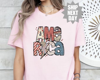 Koszulka Retro America, Koszulka z amerykańską flagą, Koszulka 4 lipca, Flaga USA na Dzień Niepodległości, Koszulka w kolorze czerwono-białym i niebieskim, Flaga USA w kolorach Comfort