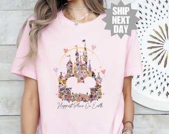 Camiseta con el castillo floral de Disney, camiseta del lugar más feliz de la Tierra, camiseta del Reino Mágico, camisetas retro de vacaciones, camiseta de Disney, camiseta vintage de Disney
