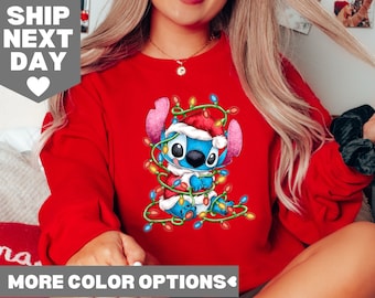 Retro Lilo & Stitch Christmas Lights Portrait Sweatshirt, Disney Christmas Shirt, Retro Stitch Christmas Shirt, Lilo And Stitch Christmas