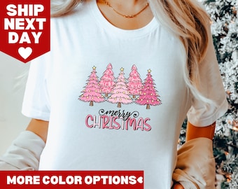 Christmas Tree Shirt, Ladies Merry Christmas Shirt, Holiday Sweaters for Women, Merry Christmas Pink Christmas Trees Shirt, Christmas Gift