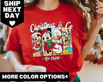 Camiseta navideña vintage de Mickey And Friends Co EST 1928, camiseta a juego Mickey's Very Merry Xmas, camiseta navideña Mickey & Co Est 1928