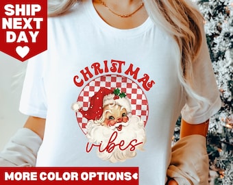 Maglietta di Babbo Natale, Babbo Natale retrò, regalo per Natale, abbigliamento per le feste da donna, maglietta rossa di Babbo Natale, maglietta di Natale da donna