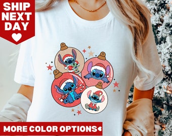 Lilo y Stitch Navidad, linda sudadera con globo navideño de Disney Santa Stitch, camiseta navideña de Disney, lindas camisetas navideñas de Stitch