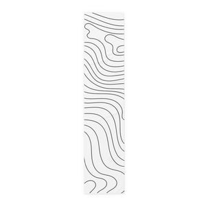 May include: A white rectangular table runner with a black topographic map design. The runner features curved, black lines that create a pattern resembling elevation contours. This decorative runner is suitable for various home decor styles.