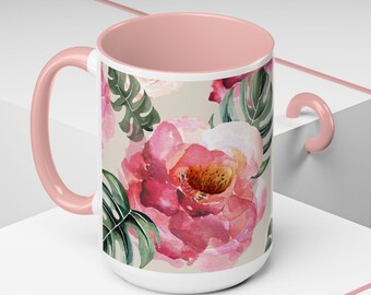 Floral Accent Coffee Mug, Tropical Flower Mug, Gift for Her, Home Decor, Mother's Day, Cottagecore Aesthetic