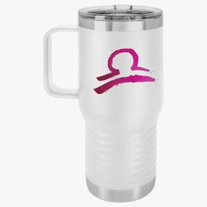 May include: White travel mug with a handle and a silver lid. The mug features a magenta Libra zodiac symbol. The mug is designed to keep beverages hot or cold. The mug is made of stainless steel.
