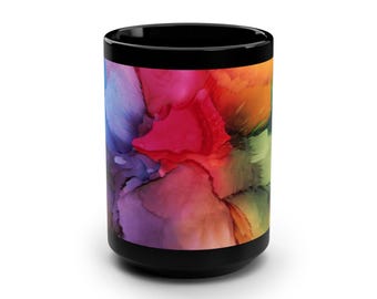 Colorful Abstract Black Mug, 15oz, Unique Coffee Cup, Gift for Art Lovers, Home Decor, Kitchenware, Vibrant Drinkware