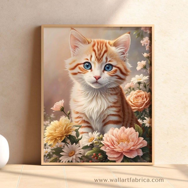 Cute Cinnamon Kitten, Nursery Decor Printable. Cat Print with Colorful Flowers. Perfect for Boys and Girls Bedroom.