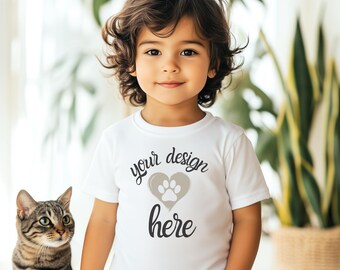 White Bella Canvas 3001T Mockup, White Rabbit Skins 3321 Mockup, White Gildan P5100 Mock Up, Minimalist Toddler Mockup, Mockup with Cat