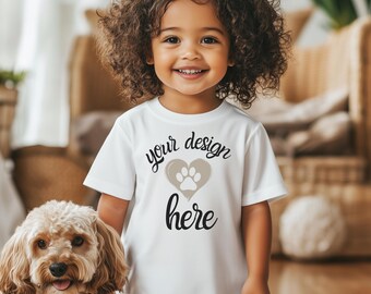 White Bella Canvas 3001T Mockup, White Rabbit Skins 3321 Mockup, White Gildan P5100 Mock Up, Minimalist Toddler Mockup, Mockup with Dog