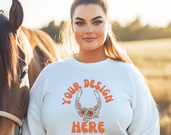 White Western Gildan 18000 Mockup Cowgirl Gildan Sweatshirt Mockup Cowgirl Western Mockup Country Horse Sweatshirt Mockup With Horses
