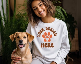 Gildan 18000 White Mockup, White Gildan 18000 Mockup, Aesthetic Sweatshirt Mock up, Gildan 1800 Mockup, Mock Ups with Dogs, Pet Lover Mockup