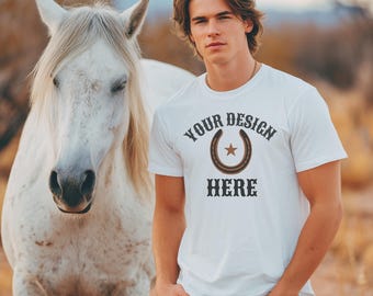 Maqueta de modelo masculino Western White Bella Canvas 3001 Maquetas Maqueta de camiseta blanca de vaquero para hombre Bella Canvas 3001 Maqueta de país Gildan 5000 Man