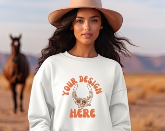 White Western Gildan 18000 Mockup Cowgirl Gildan Sweatshirt Mockup Cowgirl Western Mockup Country Horse Sweatshirt Mockup With Horses