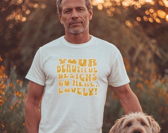 Maqueta de modelo masculino 3001 en lienzo Bella blanco, maqueta de hombre mayor, maqueta de abuelo, maqueta de papá perro, abuelo perro, Gildan 5000 hombre