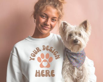 Maqueta de Gildan 18000 blanca, maqueta de Gildan 12000 blanca, maquetas de Gildan 18000, West Highland Terrier, maqueta de sudadera Comfort Colors 1466 blanca