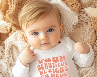 Maqueta de piel de conejo blanca de manga larga 4411, maqueta de manga larga para bebé, maqueta de Babybugz de manga larga blanca para bebé, maqueta de mono minimalista